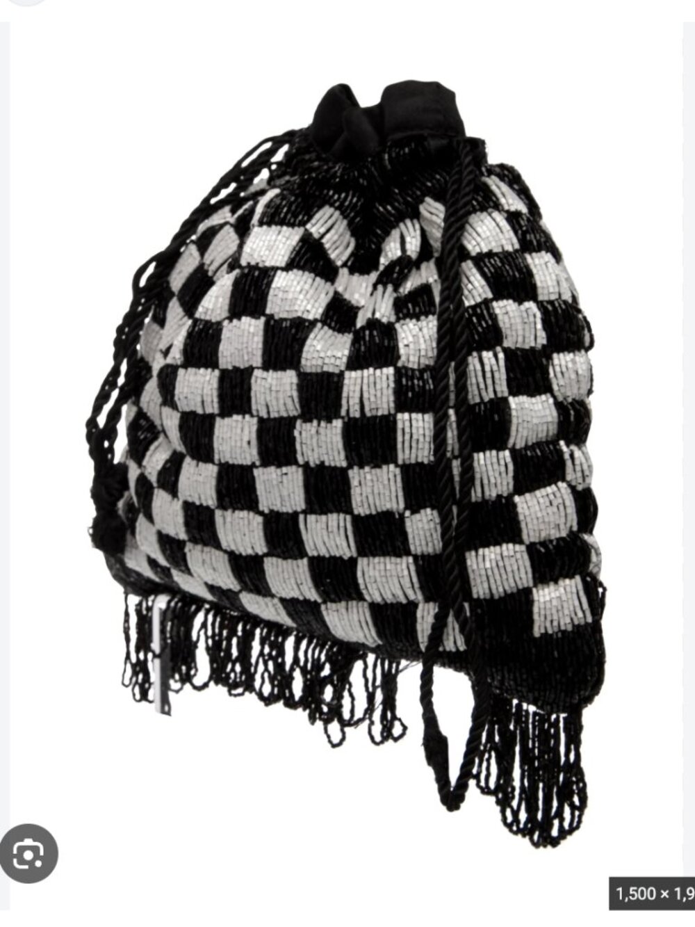 STAUD Beaded Black & White Checkered Drawstring Pouch - Picture 10 of 11